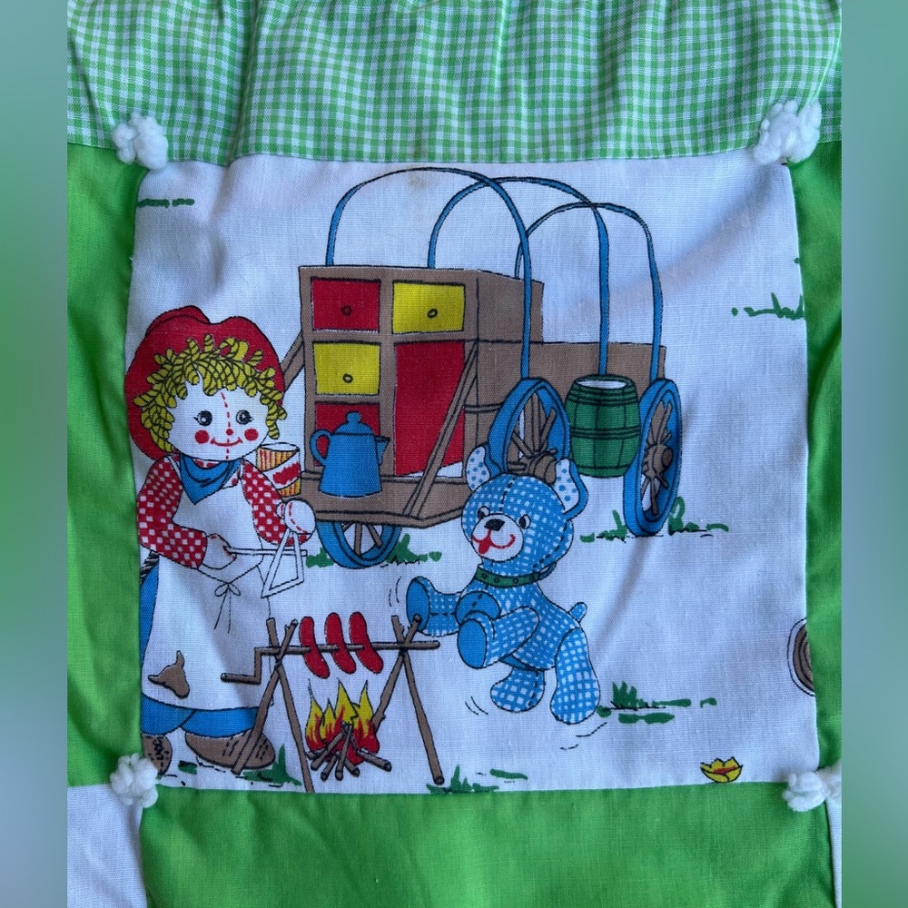 Vintage Handmade Raggedy Ann and Andy Green Gingham Quilt Lace Trim 42”x30” Baby - Picture 2 of 11